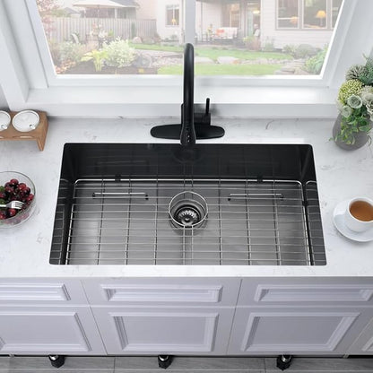 32 Inch Black Undermount Sink -Bokaiya 32x19 Undermount Kitchen Sink Deep Stainless Steel 18 Gauge Single Bowl Black Kitchen Sinks with Colander