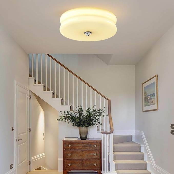 Bofea-Modern Minimalism Semi Flush Ceiling Light, Round Milk Yellow Glass LED Ceiling Light, Nordic Flush Mount Ceiling Light Fixture Decorate for Bedroom Corridor &Kitchen Island