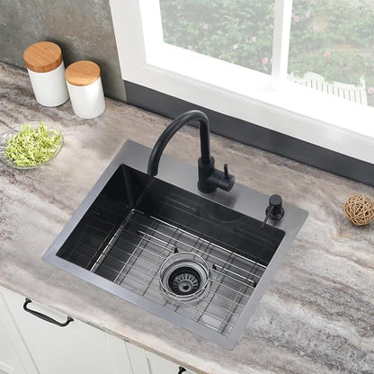 20x16 Black Bar Sink Drop In,16 Gauge Overmount Small RV Sink Stainless Steel Black Kitchen Sink Top Mount Outdoor Single Bowl Prep Sink