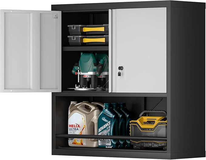 Locking Cabinet, Black Wall Storage Cabinet with Shelves, Hanging Cabinets with Open Storage, Small Wall Cabinet, Lockable Tool Cabinet for Basement, School, Office