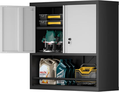 Locking Cabinet, Black Wall Storage Cabinet with Shelves, Hanging Cabinets with Open Storage, Small Wall Cabinet, Lockable Tool Cabinet for Basement, School, Office