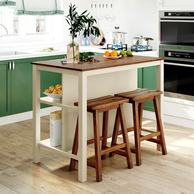 Solid Wood Rustic 3-Piece 45" Stationary Kitchen Island Set with 2 Seatings, Rubber Wood Butcher Block Dining Table Set Prep Table Set with 2 Open Shelves for Small Places (Walnut+Cream White+Stool)