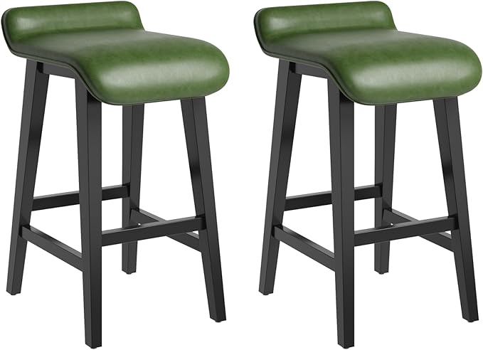 IDEALHOUSE 26.2" Solid Wood Bar Stools Set of 2, Counter Height Bar Stools with Wide PU Leather Upholstered Seat, Barstools Set for Kitchen Islands, Counter Bars, Green