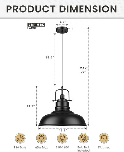 zeyu Black Pendant Lighting, 2 Pack Hanging Kitchen Lights, 1-Light Pendant Light with Metal Dome Shade, Matte Black Finish, 016-1M-2PK BK