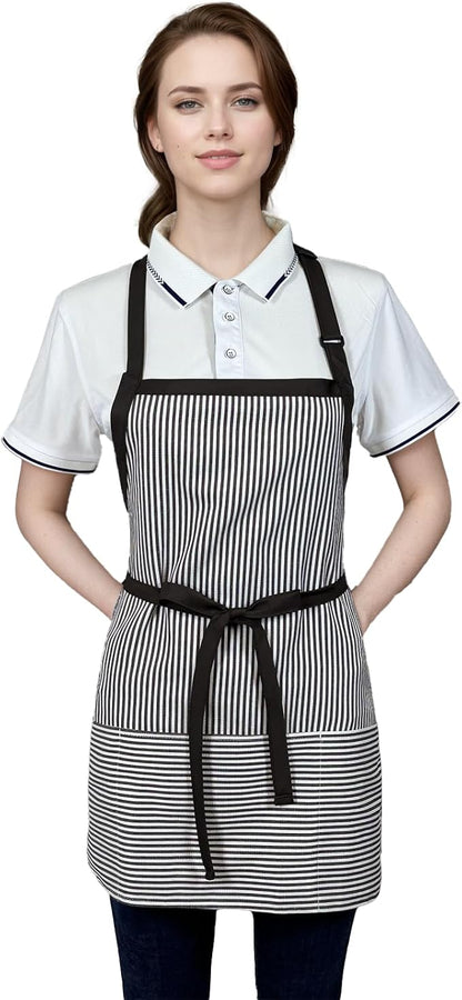 Kitchen Apron with 3 Pocket, Adjustable Server Apron, Waitress Apron with Pockets Stripes