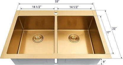 Gold Kitchen Sink,33 X 22 inch Drop in Kitchen Sinks Double Bowl,16 Gauge Stainless Steel 50/50 Double Sink,Top Mount/Drop In Double Kitchen Sink 33 inch