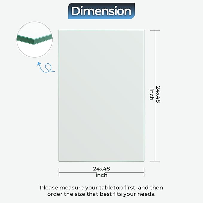 24x48" inch Rectangle Tempered Glass Table Top - 1/4 inch Thickness & Flat Polished Edge - Clear Surface & Scratch Resistant - Ideal for Dining Room, Kitchen, Side, Office, Patio & Coffee Tables