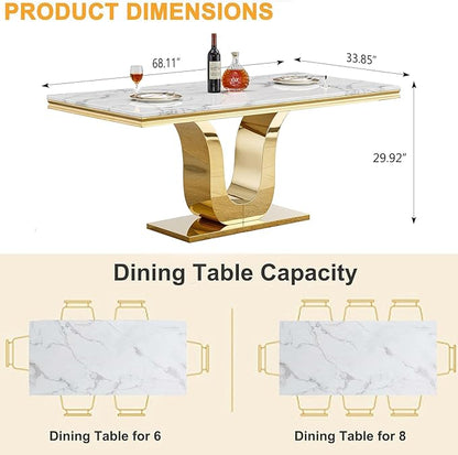 Henf 68" Modern Dining Table for 6, White Marble Kitchen Dining Room Table for 8, Large Rectangular Faux Marble Top and Gold U-Shape Steel Base, Rectangle Pedestal Table for Kitchen, Dining Room