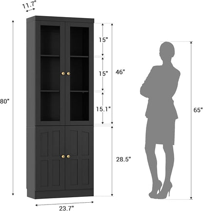Cyclysio Kitchen Pantry Cabinet, 80" Wood Pantry Storage Cabinet with Doors and Adjustable Shelves, Kitchen Cabinet with Thickened Top Panel, Tall Cabinet for Livingroom, Pantry, Bathroom (2, Black)