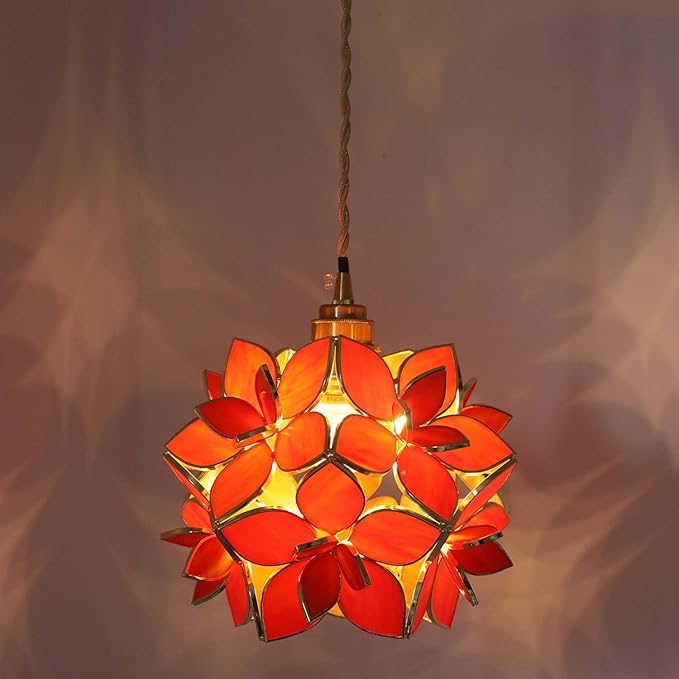 Bieye L10920 Petals Tiffany Style Stained Glass Ceiling Pendant Light for Home Decoration (Orange, 12" Rose Lily)