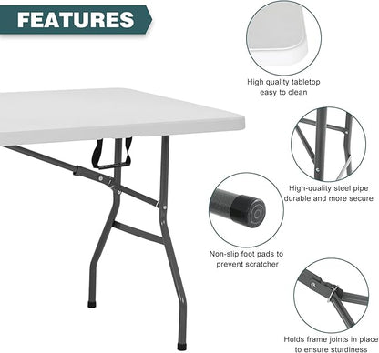 FDW 6 Foot Outdoor Dining Table, Foldable Portable Rectangular Plastic Folding Table with Built in Carrying Handle for Party and Wedding Use, White