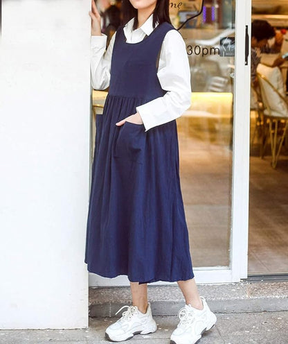 Women Plus Size Cotton Linen Vintage Pleated Split Apron Pinafore Dress with Two Pockets