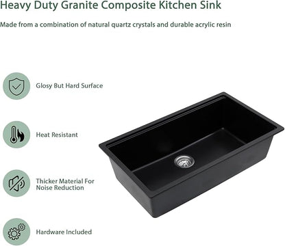 33 Inch Black Granite Composite Undermount Kitchen Sink Workstation - Couoko Matte Black Quartz Single Bowl Kitchen Sink Under Counter Large Deep Classic Sinks with Luxury Accessories, 33"x19"x10"