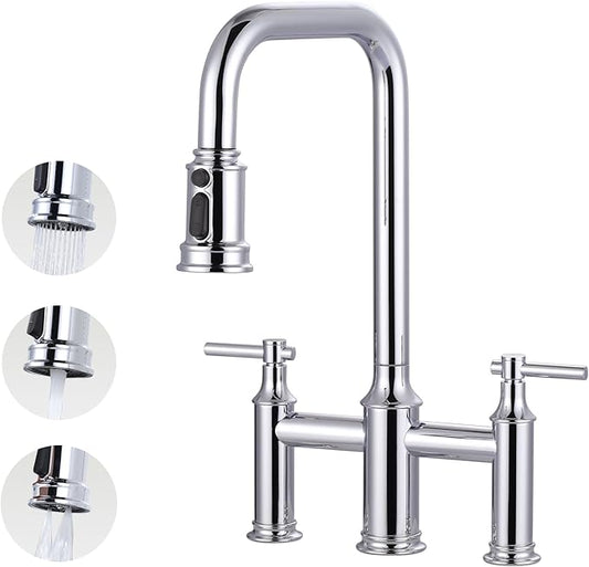 Bridge Faucet for Kitchen Sink Chrome: 3 Hole Solid Brass Farmhouse Kitchen Faucet with Pull Down Sprayer, 2 Handle 8 Inch Centerset High Arched Faucet with 360° Swivel Spout