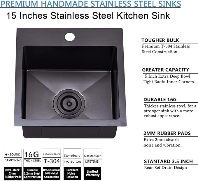 SHACO 15x15 Drop In Black Bar Sink, 15 Inch Stainless Steel Top Mount Gunmetal Black 16 Gauge Single Bowl Small Kitchen Outdoor RV Sink with Strainer Drain