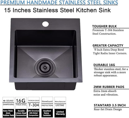 SHACO 15x15 Drop In Black Bar Sink, 15 Inch Stainless Steel Top Mount Gunmetal Black 16 Gauge Single Bowl Small Kitchen Outdoor RV Sink with Strainer Drain