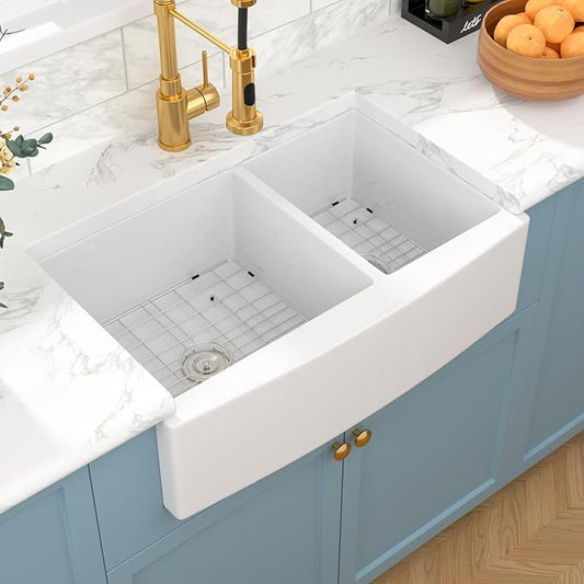 Sarlai 33 Double White Farmhouse Sink - 33 x 21 Inch Kitchen Sink Apron Front Double Bowl 60/40 White Porcelain Ceramic Fireclay Kitchen Farm Sinks Basin