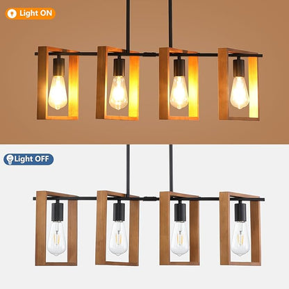 9MMML 4 Lights Island Light for Kitchen,Farmhouse Industrial Rectangle Pendant Light, Black Body+Wood Frame Vintage Chandelier for Dining&Living Room Pool Table Hallway Entryway Foyer,E26