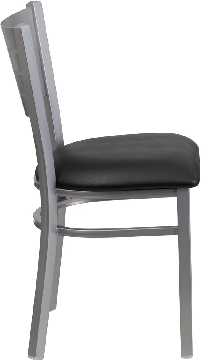 Flash Furniture HERCULES Series Silver Slat Back Metal Restaurant Chair - Black Vinyl Seat