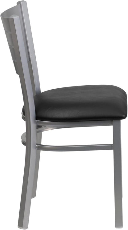 Flash Furniture HERCULES Series Silver Slat Back Metal Restaurant Chair - Black Vinyl Seat