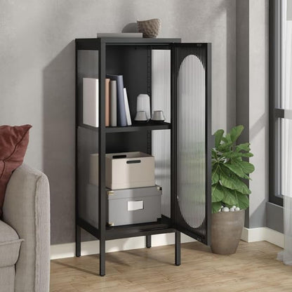 Black Powder-Coated Steel Sideboard, Fluted Glass Door, 40.2 in Tall Buffet Cabinet with Storage, Modern Living Room Furniture Kitchen Furniture