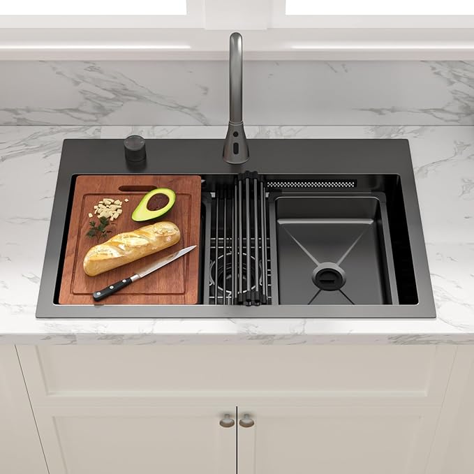 Sarlai 31 Inch Black Waterfall Kitchen Sink Drop In - 31x20 Inch Drop In Waterfall Sink Ledge Workstation Black Stainless Steel 16 Guage Single Bowl Kitchen Sinks Basin
