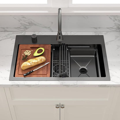 Sarlai 31 Inch Black Waterfall Kitchen Sink Drop In - 31x20 Inch Drop In Waterfall Sink Ledge Workstation Black Stainless Steel 16 Guage Single Bowl Kitchen Sinks Basin