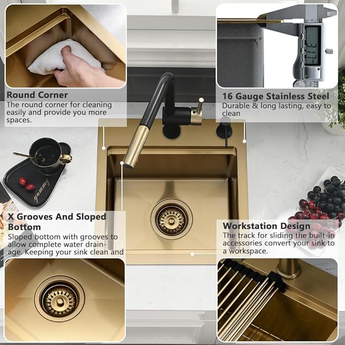 15 Inch Gold Bar Sink Drop In-VASOYO 15x15 Small Kitchen Sink Drop In Bar Sinks Wet Prep 16 Gauge Gold Stainless Steel Outdoor Rv sinks Single Bowl Deep Kitchen Basin with Cutting Board