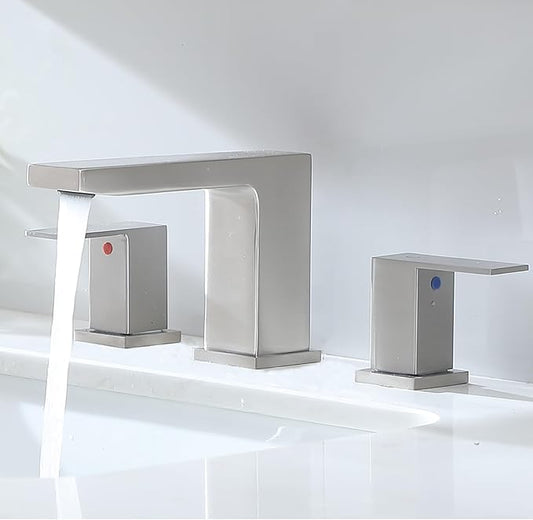 VC CUCINE Brushed Nickel 3 Hole Bathroom Faucet, 2 Handles, 8 Inch, Modern Vanity Sink Faucet with Drain and Supply Lines