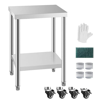 NSF Stainless Steel Table for Prep & Work with Caster 24 x 18 Inches, Metal Commercial Kitchen Table with Under Shelf and Adjustable Table Foot for Restaurant, Home and Hotel