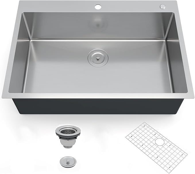 GarveeTech Kitchen Sinks,30×22×10 inch Drop-In Single Bowl Stainless Steel Kitchen Sink – 2.0mm Rim, 1.0mm Bowl, Deep 10 inch Basin, Brushed Finish, Grid & Drain Kit
