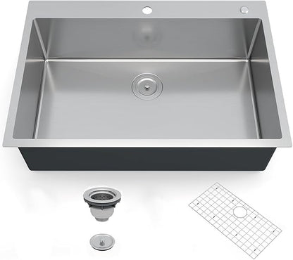 GarveeTech Kitchen Sinks,30×22×10 inch Drop-In Single Bowl Stainless Steel Kitchen Sink – 2.0mm Rim, 1.0mm Bowl, Deep 10 inch Basin, Brushed Finish, Grid & Drain Kit