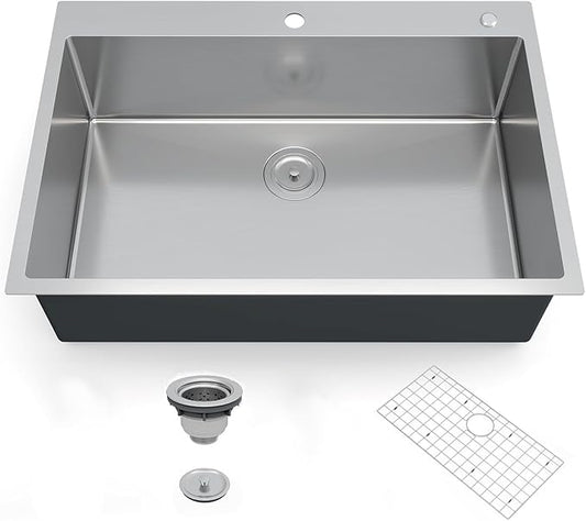 GarveeTech Kitchen Sinks,30×22×10 inch Drop-In Single Bowl Stainless Steel Kitchen Sink – 2.0mm Rim, 1.0mm Bowl, Deep 10 inch Basin, Brushed Finish, Grid & Drain Kit