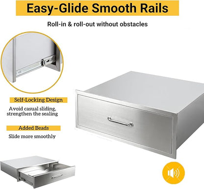 Outdoor Kitchen Drawers, 30" W x 23" D x 10" H Stainless Steel Single Access BBQ Drawer, Flush Mount Enclosed Drawer with Handle for Outdoor Kitchens & BBQ Islands, No Installation Required