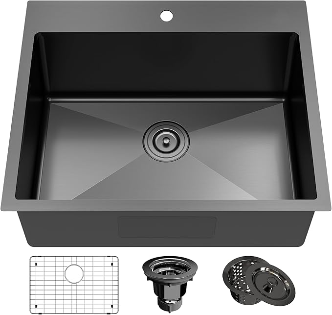 25x22 Inch Black Stainless Steel Kitchen Sink - Single Bowl Topmount Drop-In, 18 Gauge with Bottom Grid & Drain Strainer