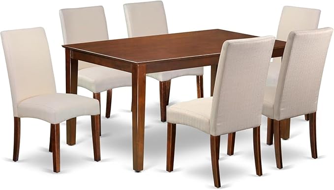 HomeStock 7 Piece Dining Table Set Consist of a Rectangle Kitchen Table and 6 Cream Linen Fabric Parson Dining Chairs, 36x60 Inch, Mahogany
