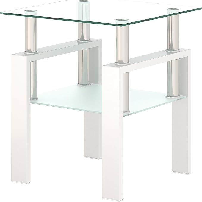 Glass End Table, Glass Side Table with Tempered Glass Top & Metal Legs, Square Living Room Table Modern Tea Table Side Tables 2-Layer for Living Room Bedroom