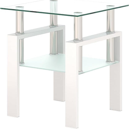 Glass End Table, Glass Side Table with Tempered Glass Top & Metal Legs, Square Living Room Table Modern Tea Table Side Tables 2-Layer for Living Room Bedroom