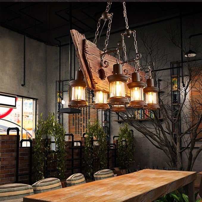A Million Industrial Wooden Pendant Light, Vintage Retro Hanging Chandelier 6 E26 Bulb Sockets for Farmhouse Kitchen Island Bar Retro Ceiling Light Height Adjustable Fixture