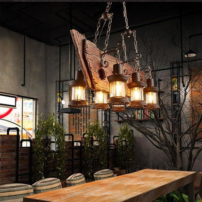 A Million Industrial Wooden Pendant Light, Vintage Retro Hanging Chandelier 6 E26 Bulb Sockets for Farmhouse Kitchen Island Bar Retro Ceiling Light Height Adjustable Fixture