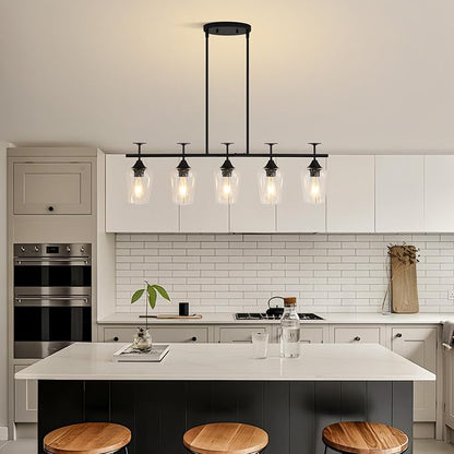 5-Light Linear Chandelier 35.4in Black Kitchen Island Lighting Fixture Dining Room Light Fixture Pendant Lights Ceiling Hanging Modern Kitchen Chandeliers Over Table with Clear Glass Shades
