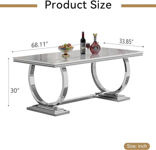 68" White Silver Marble Dining Table, Modern Kitchen Table with 0.79" Faux Marble Tabletop and Mirrored Stainless Steel Frame, Luxurious Rectangular Dining Room Table for Kitchen(No Chairs)