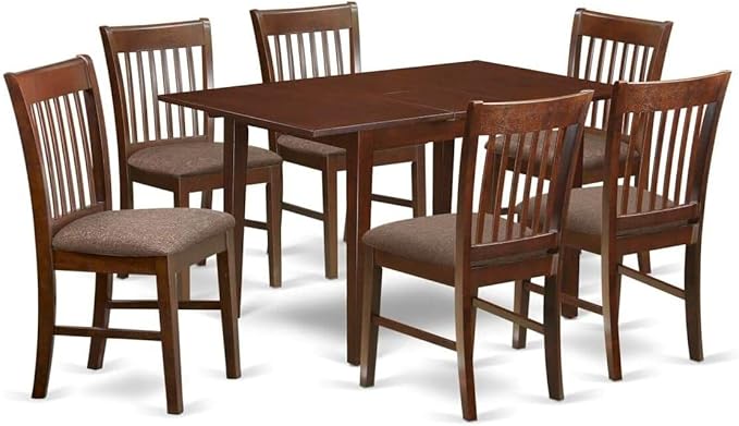 HomeStock 7 Piece Dining Table Set Consist of a Rectangle Dining Room Table with Extension Leaf and 6 Linen Upholstered Seat Chairs, 32x60 Inch, Mahogany