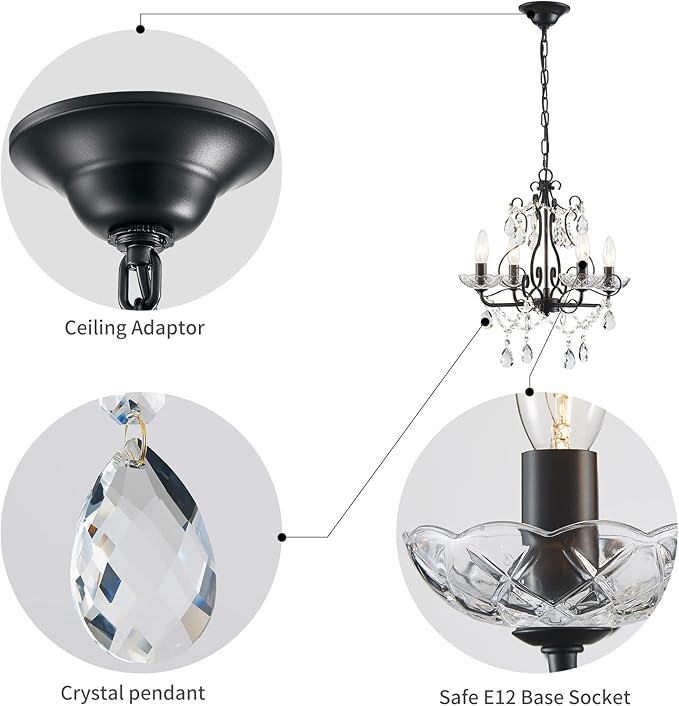WUZUPS Crystal Candle Chandelier Pendant Flushmount Ceiling Light Modern Lighting Fixture for Bedroom Hallway Bar Kitchen Bathroom, H 14" x W 16", Black, E12 Base