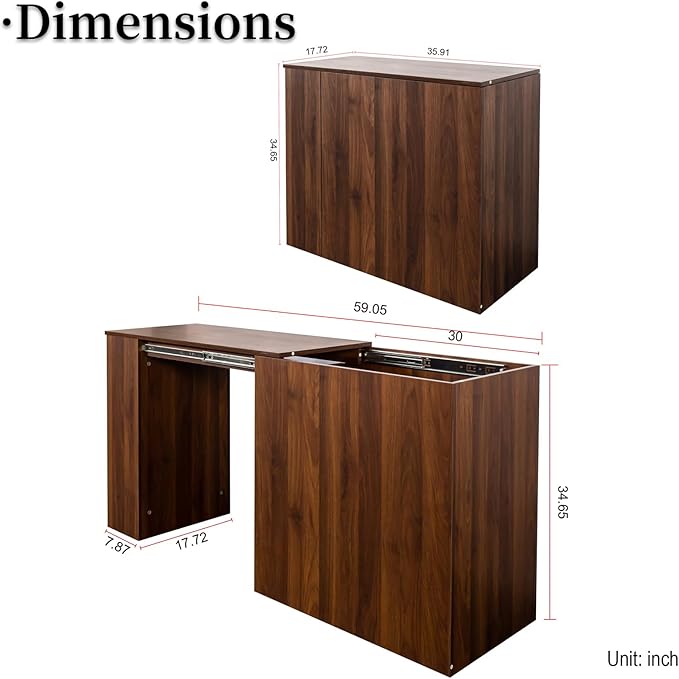 JOYSOURCE Counter Height Bar Table for 2, Extendable Kitchen Island with Drawers & Shelves for Kitchen, Living Room, Walnut