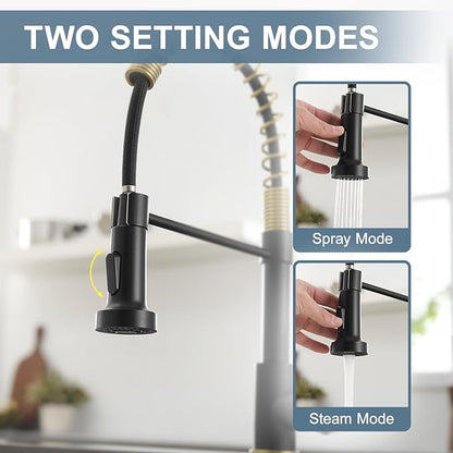 AIMADI Matte Black Kitchen Faucet,Black and Gold Kitchen Faucet with Pull Down Sprayer Commercial Single Handle Spring Sink Faucets Suitable for Farmhouses,Camper Laundry Rv Bar