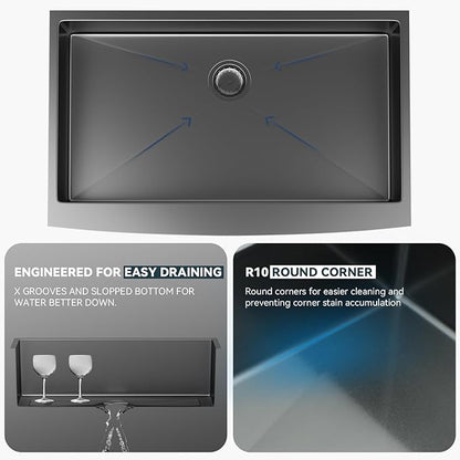 Lordear Gunmetal Black Farmhouse Sink Stainless Steel Farm 33 inch16 Gauge Apron Front Deep Single Bowl Stainless Steel Kitchen Farm Farmer Style Sinks