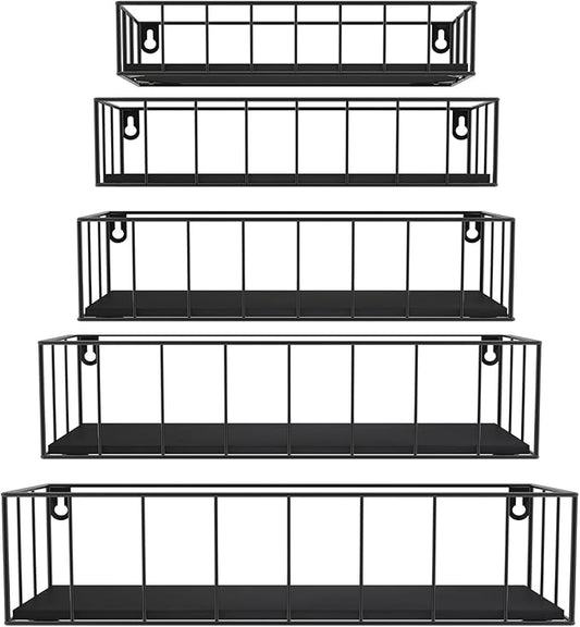CRUGLA Black Floating Shelves Wall Mounted Set of 5, Hanging Wall Shelf with Rail for Bathroom, Bedroom, Living Room, Kitchen