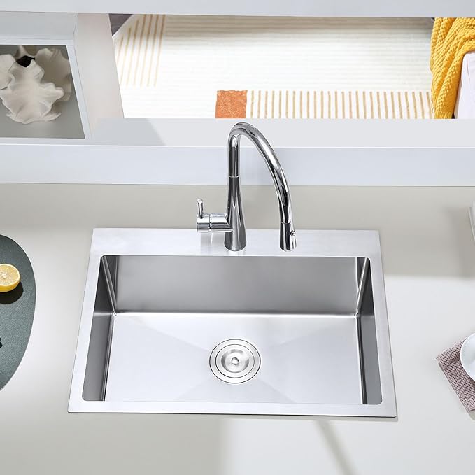 28 Inch Drop in Kitchen Sink, 18 Gauge 304 Stainless Steel Topmount Single Bowl Single Faucet Hole Handmade Kitchen Sink, 28" x 18" x 9"
