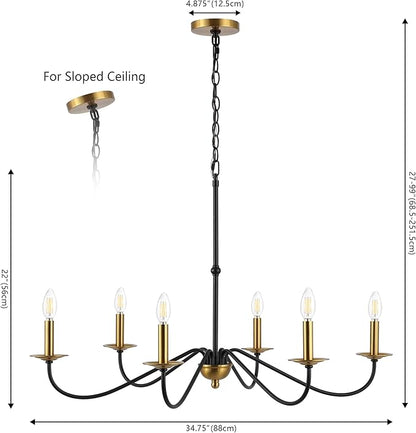 JONATHAN Y 34.75" Brass Gold/Black 6-Light Bohemian Farmhouse Iron Chandelier, Rustic Candle-Style LED Hanging Light for Dining Room Kitchen Island Entryway Foyer (JYL7559C)